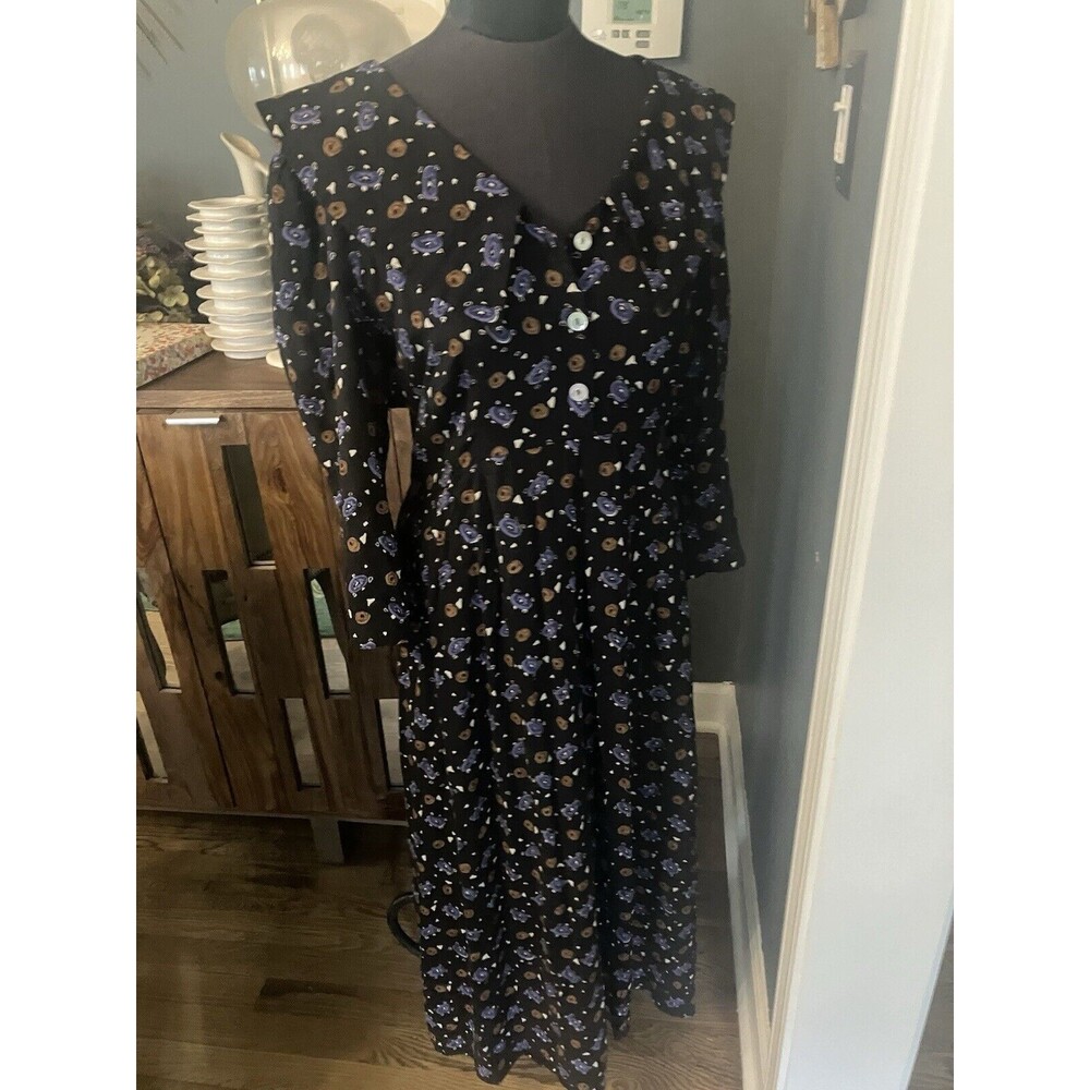 Vintage 90s Miss Darby Midi Dress Sz L Black Floral Belted Button Front Cotton